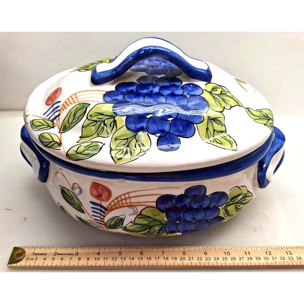 Old World Imports Hand Painted Grape Ceramic Covered Casserole Dish w/ Lid Vtg